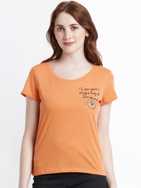 

Honey by Pantaloons Women Orange Black Printed Round Neck Pure Cotton T-shirt
