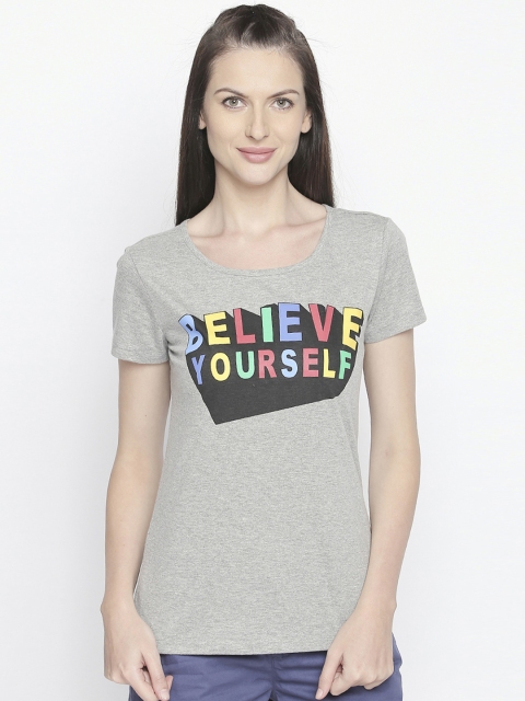 

Honey by Pantaloons Women Grey Melange Printed Round Neck Pure Cotton T-shirt