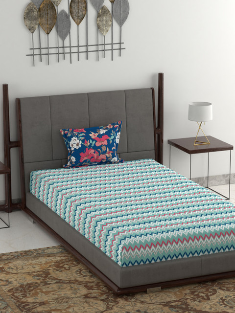 

Trident Turquoise Blue & White Geometric 120 TC Cotton 1 Single Bedsheet & 1 Pillow Cover