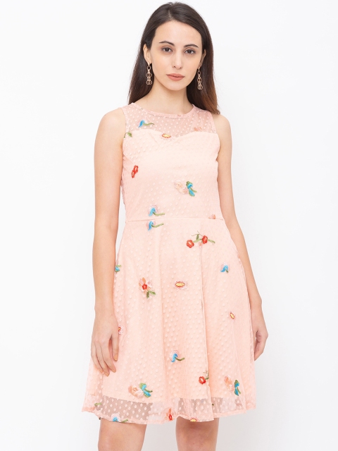 

Globus Women Peach-Coloured & Blue Self Design Fit and Flare Dress