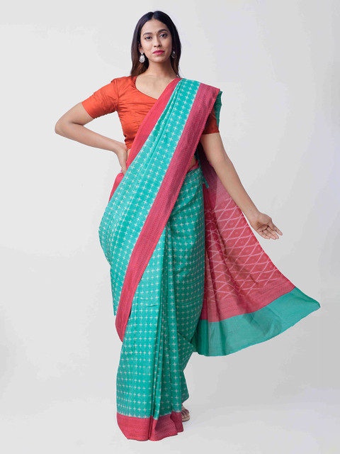 

Unnati Silks Blue & Pink Pure Cotton Ikat Printed Pochampally Saree