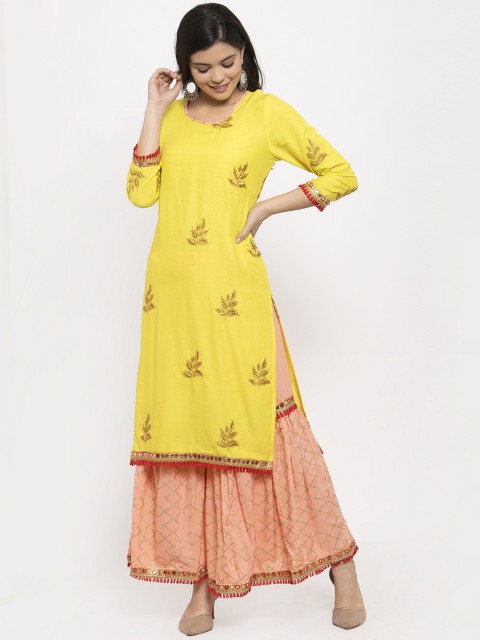

Aujjessa Women Yellow & Peach-Coloured Embroidered Kurta with Sharara