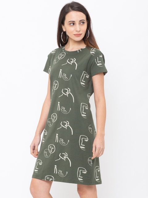 Globus Women Olive Green & White Printed A-Line Dress