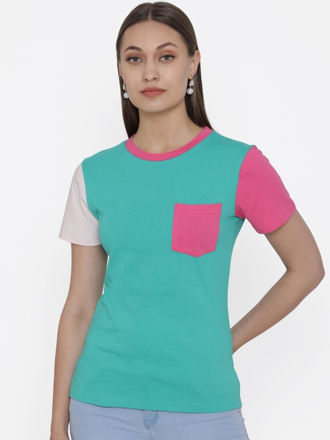 

DOOR74 Women Sea Green & Pink Colourblocked Round Neck T-shirt