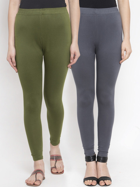 

TAG 7 Women Pack Of 2 Grey & Olive Green Solid Ankle-Length Leggings