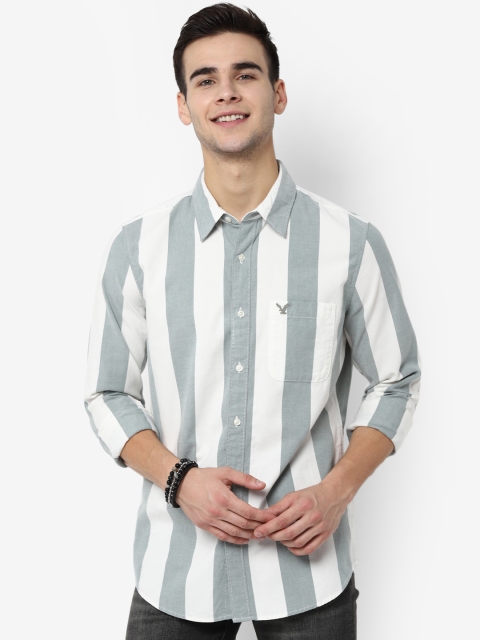 

AMERICAN EAGLE OUTFITTERS Men Grey & White Slim Fit Striped Casual Shirt