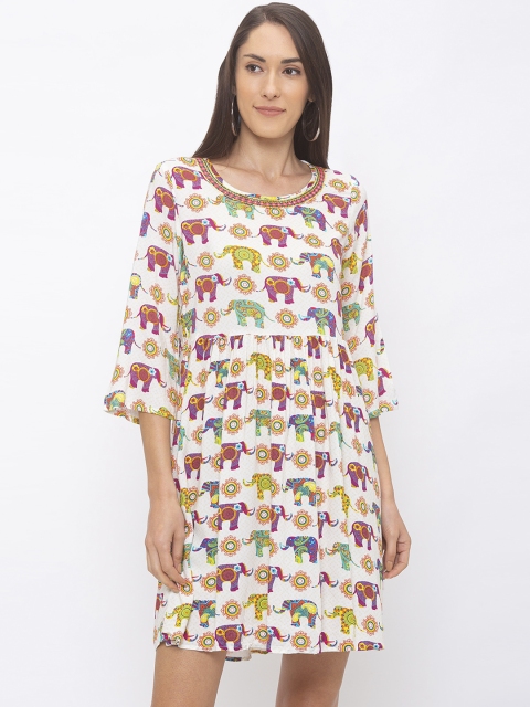 

Globus Women White & Pink Elephant Printed A-Line Dress