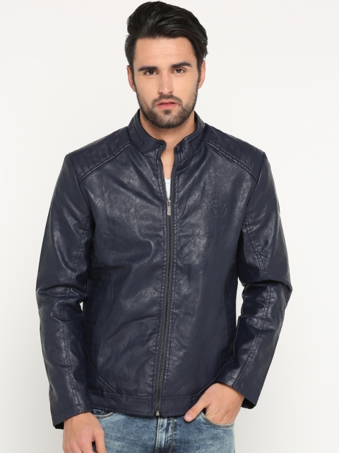 

SHOWOFF Men Navy Blue Solid Lightweight Biker Jacket