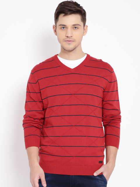 

t-base Men Orange & Blue Striped Pullover Sweater