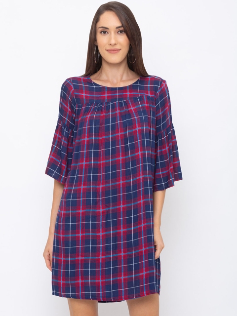 

Globus Women Navy Blue & Red Checked T-shirt Dress