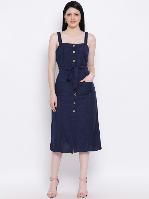 

Oxolloxo Women Navy Blue Self Design Pinafore Dress