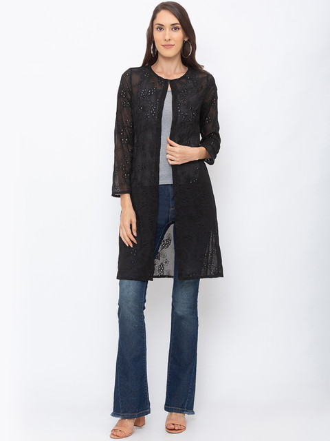 

Globus Women Black Self Design Open Front Shrug