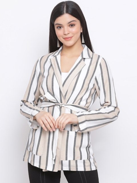 

Oxolloxo Women Taupe & White Striped Tie-Up Blazer