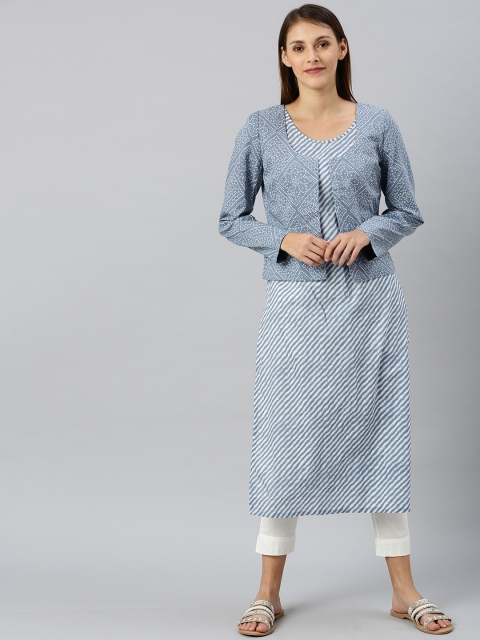 

AKS Women Blue Striped Straight Kurta & Jacket