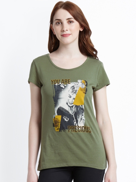 

Honey by Pantaloons Women Olive Green Printed Round Neck Pure Cotton T-shirt
