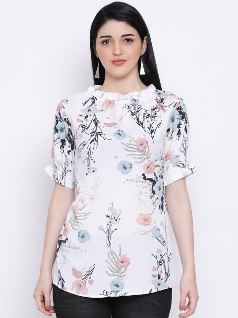 Oxolloxo Women White & Blue Floral Printed Top