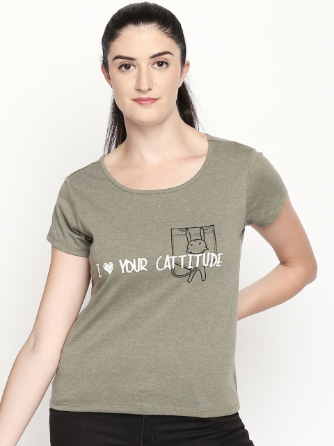 

Honey by Pantaloons Women Olive Green Printed V-Neck T-shirt