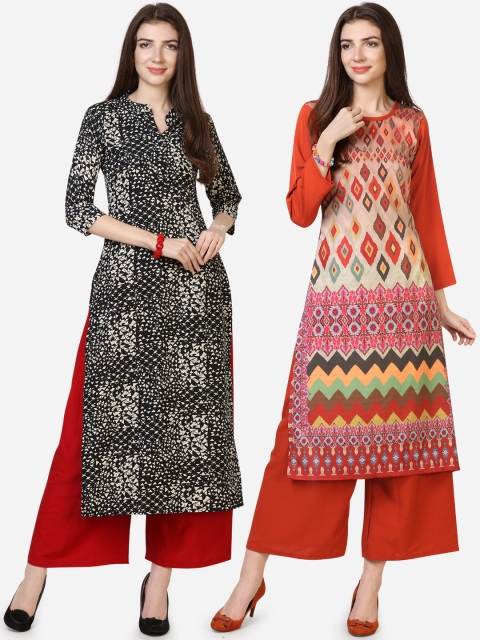

Silk Bazar Women Pack of 2 Printed Straight Kurtas, Black