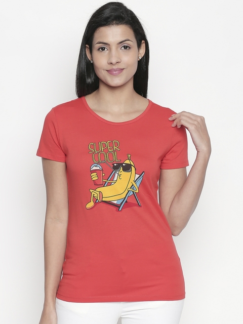 

Honey by Pantaloons Women Red Yellow Printed Round Neck Pure Cotton T-shirt