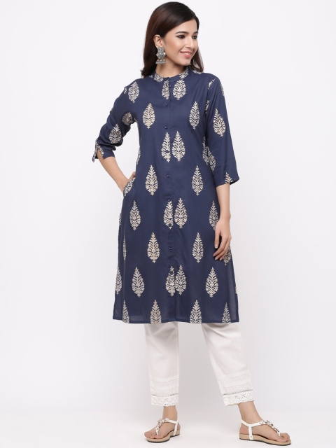 

Juniper Women Navy Blue & Off-White Printed Straight Kurta