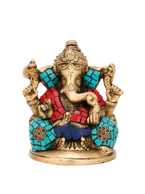

CraftVatika Gold-Toned & Turquoise Blue Handcrafted Brass Lord Ganesha Idol