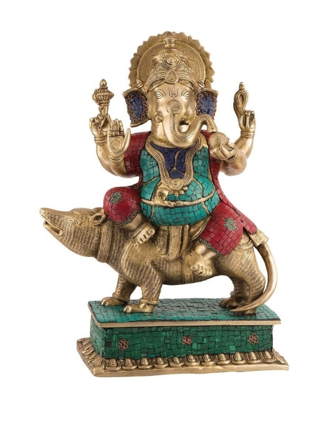 

CraftVatika Gold-Toned & Green Ganesh Sitting on Mouse Idol Showpiece
