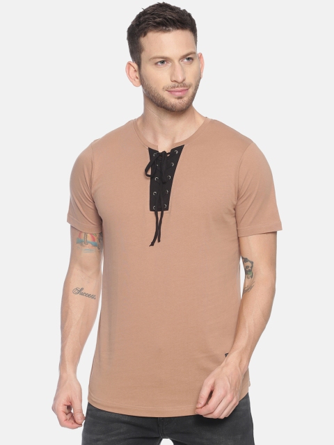 

KULTPRIT Men Beige Solid Round Neck T-shirt With Tie-Up