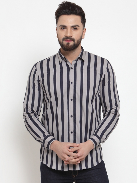 JAINISH Men Grey & Navy Blue Regular Fit Striped Casual Shirt