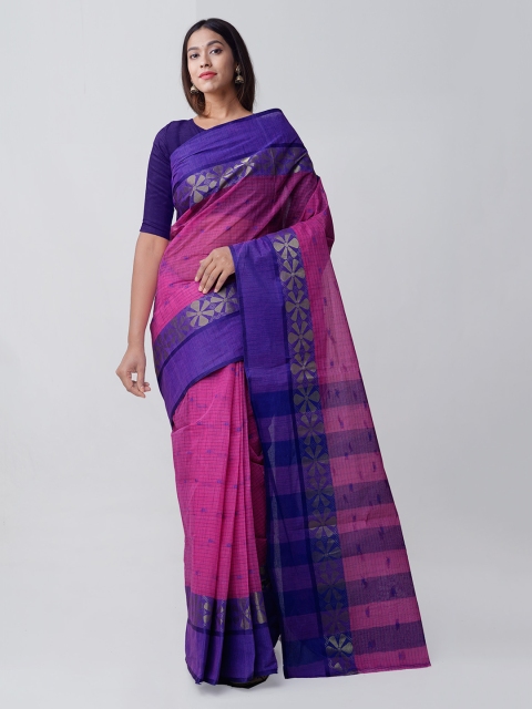Unnati Silks Pink & Blue Pure Cotton Woven Design Pure Handloom Bengal Cotton Taant Saree