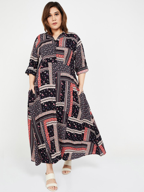 

nexus Plus Size Women Black Printed A-Line Dress