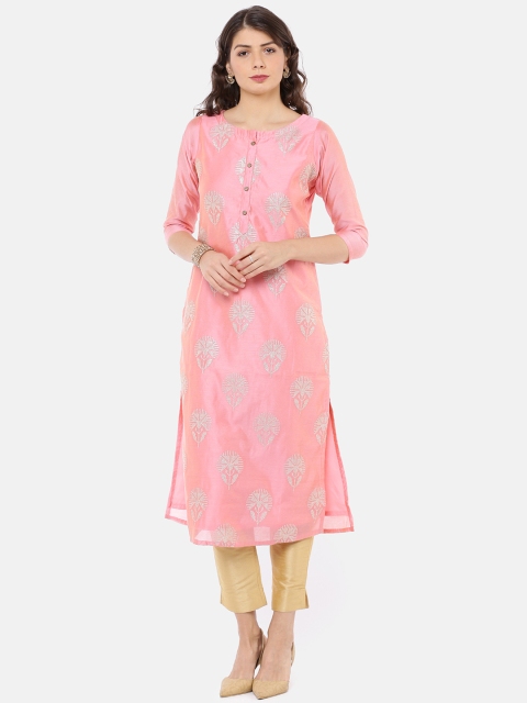 

GOLDSTROMS Women Pink & Silver-Toned Printed Straight Kurta