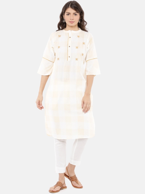 

GOLDSTROMS Women Cream & White Yoke Design Straight Kurta