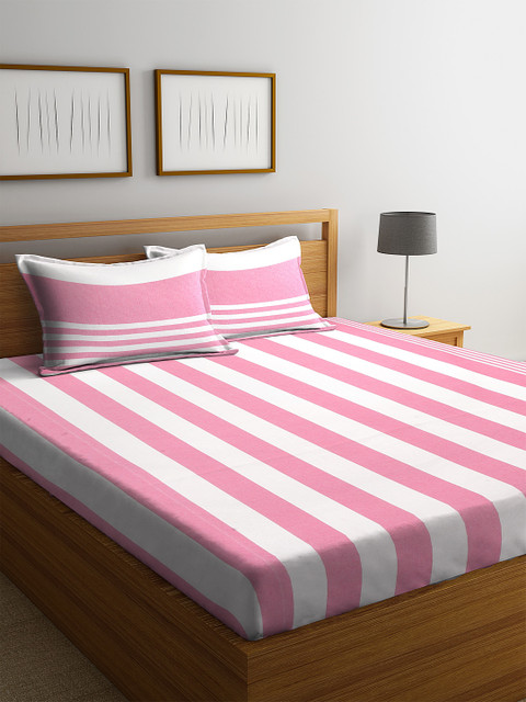 

HOSTA HOMES White & Pink Striped 300 TC Cotton 1 Queen Bedsheet with 2 Pillow Covers