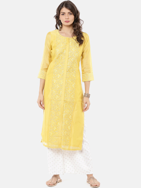 

GOLDSTROMS Women Yellow Embroidered Straight Kurta