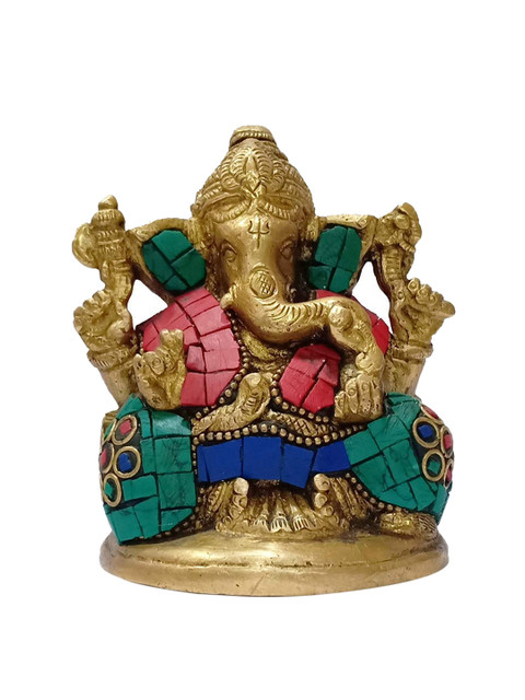 

CraftVatika Gold-Toned & Green Ganpati Murti Brass Showpiece