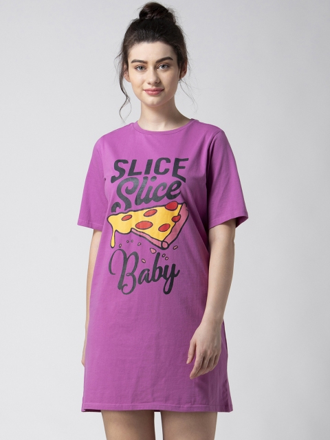 

ADORENITE Women Purple Pizza Slogan Print Cotton Above- Knee Sleep T-shirt