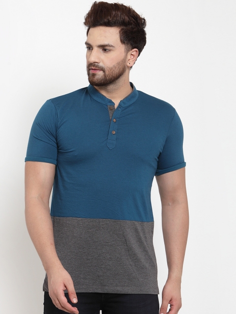

Kalt Men Teal Green & Grey Colourblocked Henley Neck T-shirt