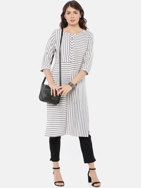 GOLDSTROMS Women White & Grey Striped Straight Kurta
