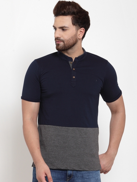 

Kalt Men Grey & Navy Blue Colourblocked Mandarin Collar T-shirt