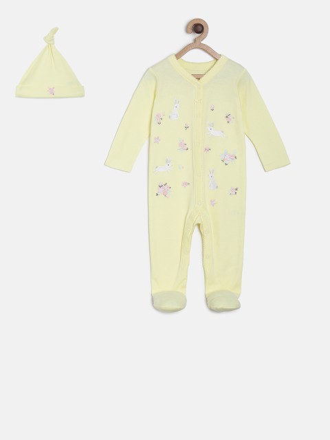 

MINI KLUB Infant Girls Yellow & White Embroidered Sleepsuit with Cap