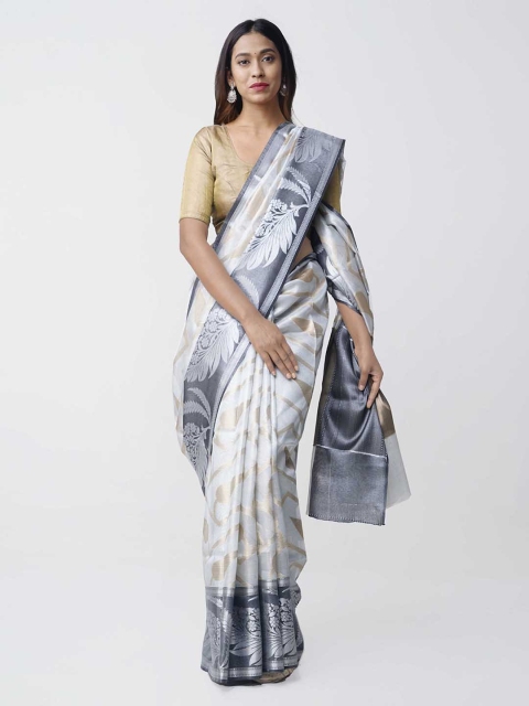 

Unnati Silks Grey & White Silk Cotton Woven Design Banarasi Handloom Saree