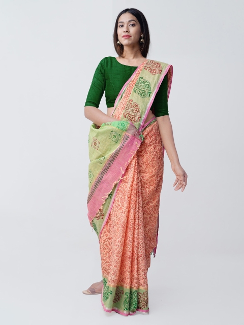 

Unnati Silks Women Peach & Red Pure Cotton Printed Mangalagiri Saree