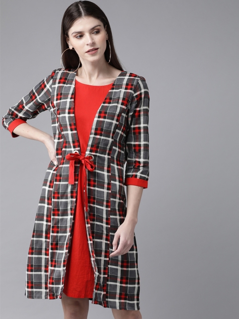 

AKS Women Grey & Red Checked A-Line Layered Dress