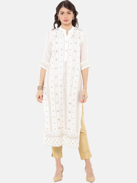 

GOLDSTROMS Women White & Gold Embroidered Straight Kurta