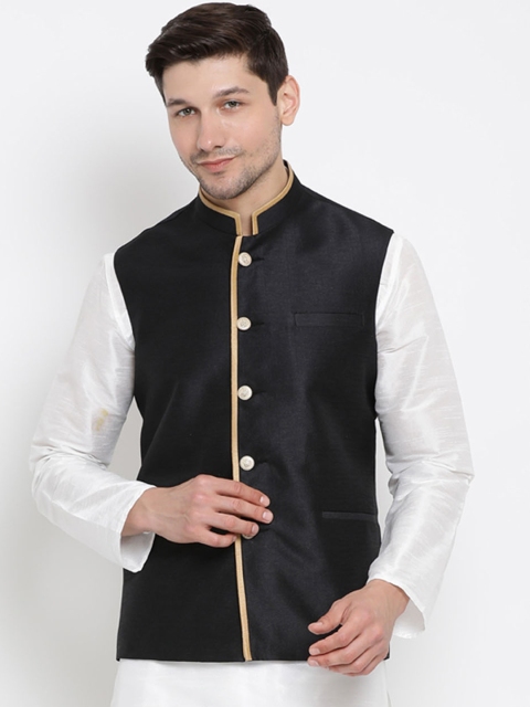 

VASTRAMAY Men Black Solid Two-Tone Woven Nehru Jacket