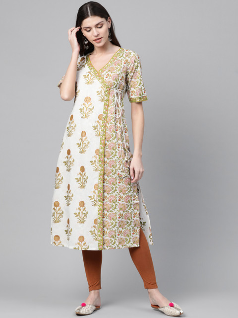 

AKS Women White & Green Printed A-Line Kurta