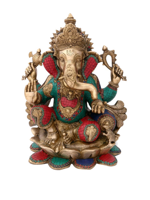 

CraftVatika Gold-Toned & Green Ganesha Sitting On Lotus Brass Showpiece