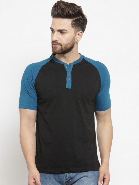 

Kalt Men Black & Blue Colourblocked Henley Neck T-shirt