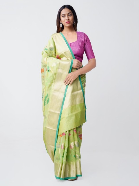

Unnati Silks Green Silk Cotton Woven Design Banarasi Handloom Saree