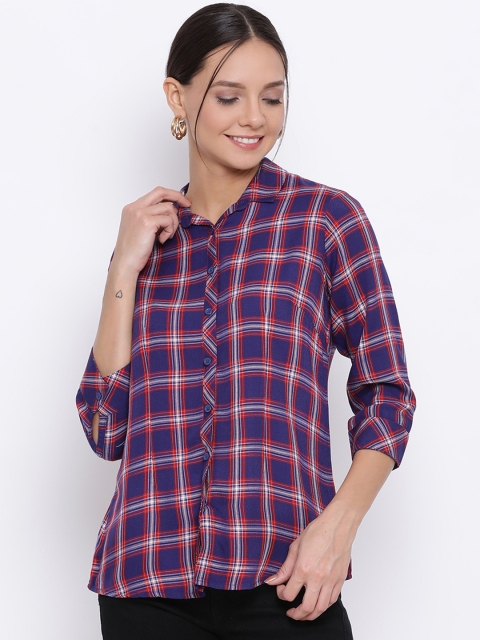 

Crimsoune Club Women Blue & Red Slim Fit Checked Casual Shirt